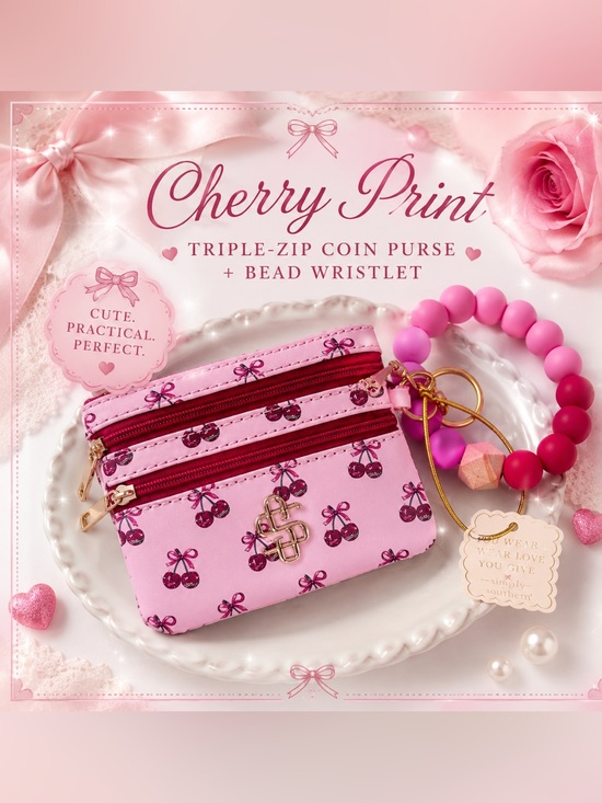 Simply Southern Handbags - Cherry Print Triple-Zip Coin Purse Wallet Wristlet Pink Glitter Cherry Keychain